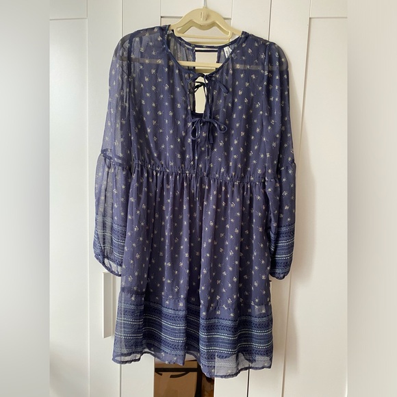 Mudd Women's Dress A-Line Navy Blue Crepe Bishop's Sleeves Peasant - Size L - Picture 5 of 9